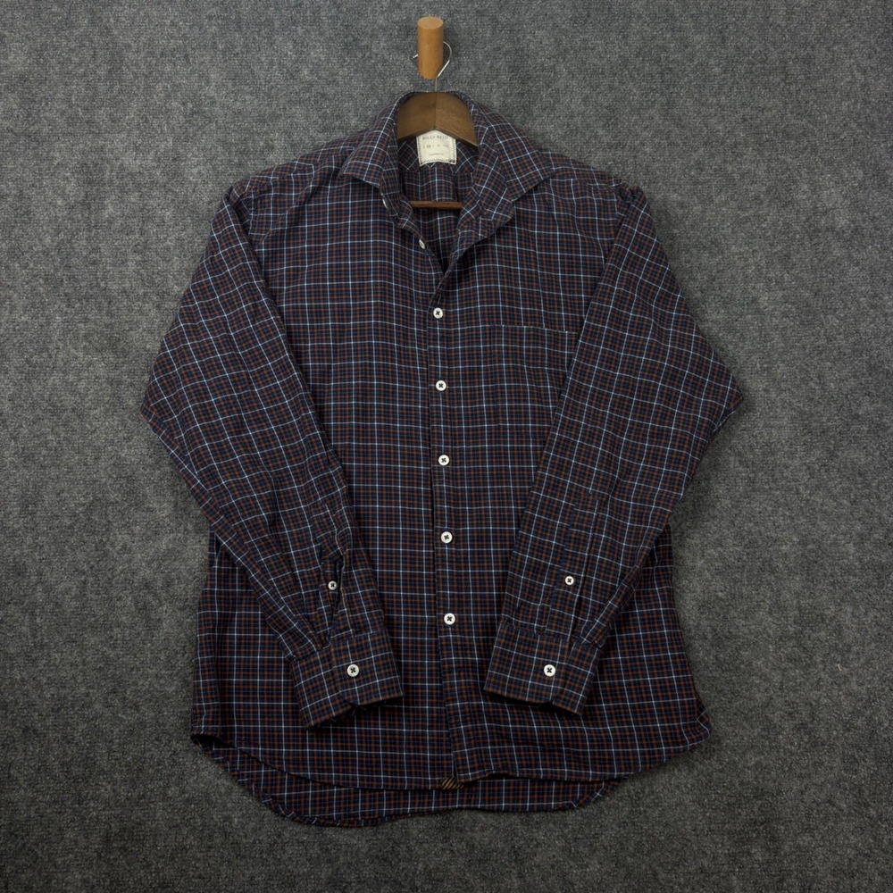 Billy Reid Mens Medium Plaid Button Down Shirt Navy Orange Standard Cut Cotton